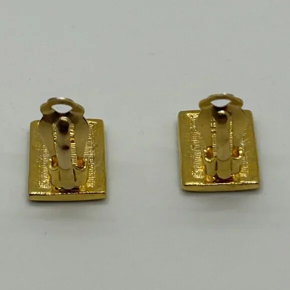 Vintage Gold & Black  Earrings Enamel Greek Key Clip-On 1980s Designer Statement - Picture 5 of 14